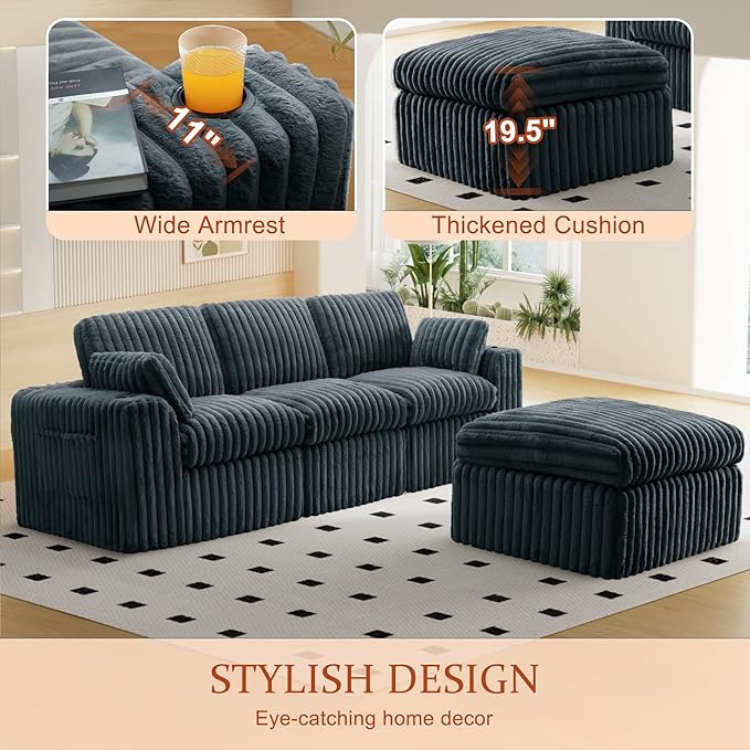 114" Cloud Boneless Sectional Couches for Living Room, Modular Sectional Sofa with Cup Holder, Cozy Fluffy L Shaped Deep Seat Boneless Couch with Storage Pocket, No Assembly Required, Grey