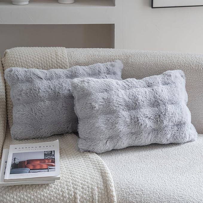 Neelvin Gray Faux Fur Cozy Soft Double-Sided Decorative Throw Pillow Covers 12x20 inch Set of 2,Velvet Pillowcase Cushion Case for Sofa Couch