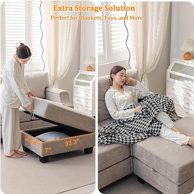 85" Sectional Couches with Storage Ottoman,L Shaped Couch with Armrest Organizer,3-Seater Sofa,Thick Cushions,Small Sofas for Living Room,Bedroom,Apartment,Chenille,Khaki