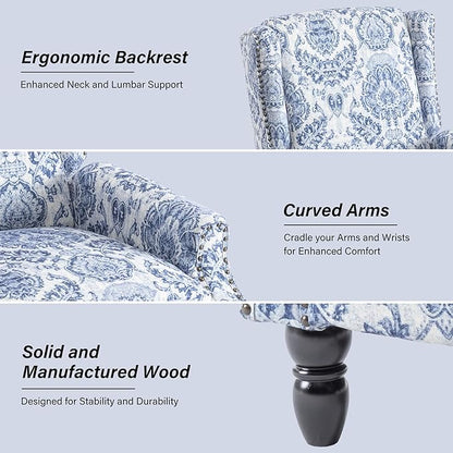 Recliner Chair, Upholstered Wingback Floral Pushback Armchair with Adjustable Backrest & Footrest, Comfy Accent Chair Reading Single Sofa for Small Spaces, Living Room, Bedroom-Navy Blue, Set of 2