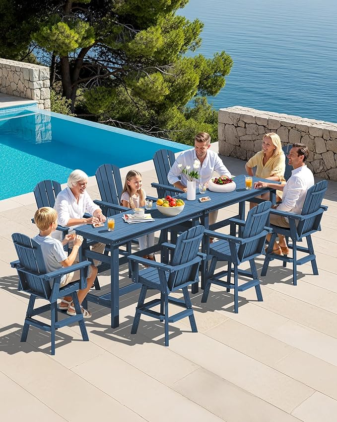 SERWALL 5-Piece Swivel Adirondack Bar Set, HDPE Swivel Bar Height Chairs Set of 4 with Bar Table, All-Weather Outdoor Barstools for Patio, Poolside, Garden, Blue