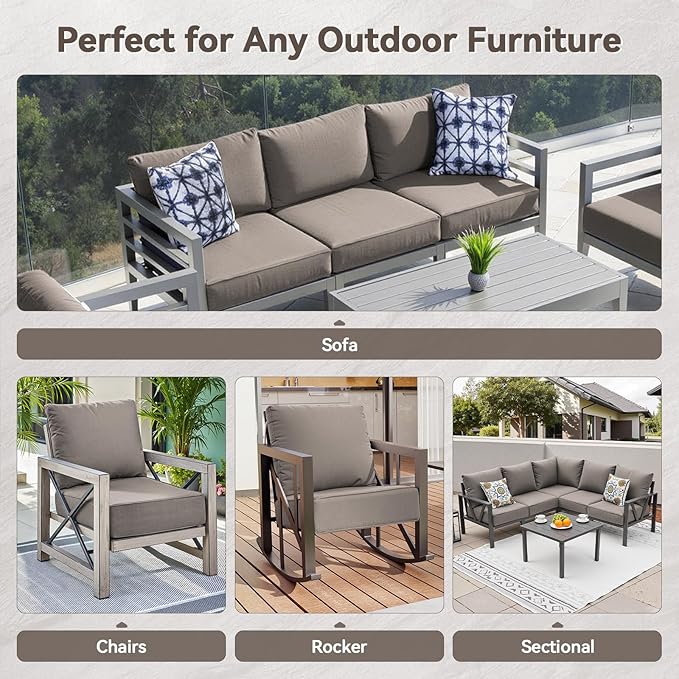 Luxury 6" Outdoor Cushions for Patio Furniture, 24x24x6" Thick Seat Cushion Set of 7, Fade Resistant Couch Chair Replacement Cushions High Density Deep Wicker Chair Cushion w/ Removable Cover Gray