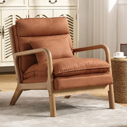 INZOY Mid Century Modern Accent Chair with Wood Frame, Upholstered Reading Armchair with Waist Cushion, Double Padded Accent Chair, Side Chair for Living Room Bedroom Office, Easy Assembly, Brown