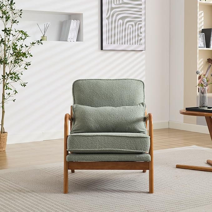 Mid-Century Accent Chair Set of 2,Sherpa Fabric Lounge Chair with Wide Armrest,Sherpa Fabric Armchair with Lumbar Pillow & Solid Wood Frame for Living Room, Bedroom, Balcony (Green)