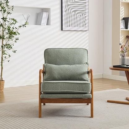 Mid-Century Accent Chair,Sherpa Fabric Lounge Chair with Wide Armrest,Sherpa Fabric Armchair with Lumbar Pillow & Solid Wood Frame for Living Room, Bedroom, Balcony (Green)