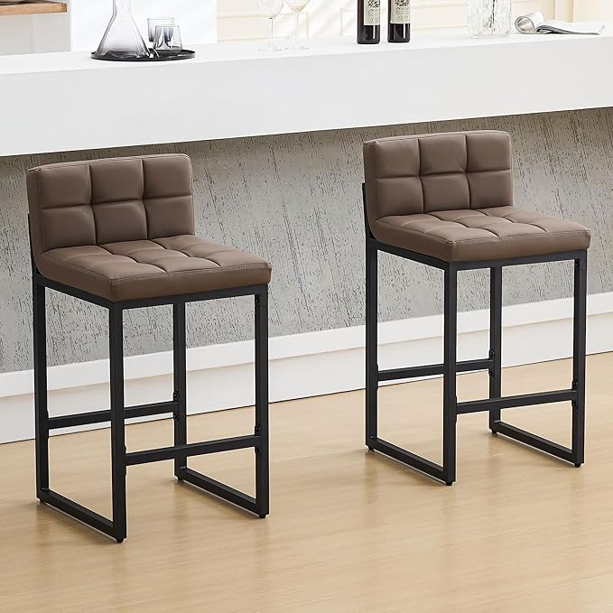 Counter Height Bar Stools Set of 2, Modern Faux Leather Counter Stools with Low Back and Footrest, Upholstered Bar Chairs for Kitchen Island (Coffee Brown, 2Pcs 26" Bar Stools)