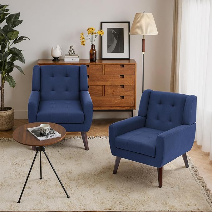 Accent Chairs Set of 2, Mid-Century Modern Upholstered Armchair, Comfy Fabric Living Room Chairs Reading Chairs with Button Tufted Back & Solid Wood Legs for Bedroom, Office, Blue