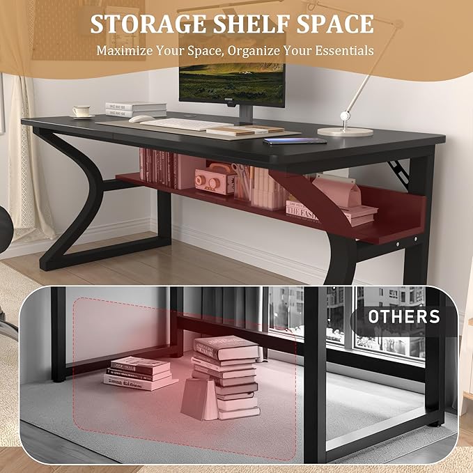 StarGraph Computer Desk 47'' Large Home Office Desk with Sturdy Metal Frame U Shaped Modern Computer Desks with Storage Study Writing Office Work from Home Desks (Black, 47 inch)