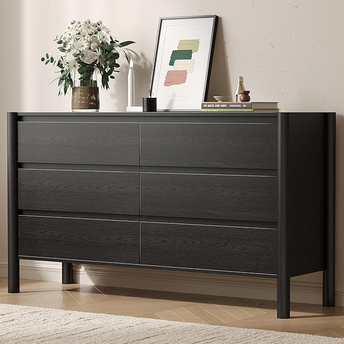 CHUWELL Dresser for Bedroom, 47" Wide Mid Century Chest of Drawers with 7 Large Storage Space and 4 Solid Wood Cylindrical Legs, 7 Drawer Large Dresser for Bedroom(Black)