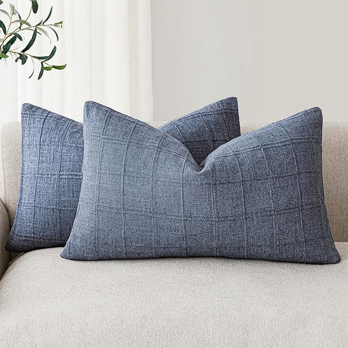 Foindtower Set of 2 Decorative Linen Check Throw Pillow Covers Neutral Farmhouse Lumbar Cushion Covers Modern Coastal Boho Home Decor for Sofa Chair Couch Bedroom Living Room,12×20 Inch,Blue