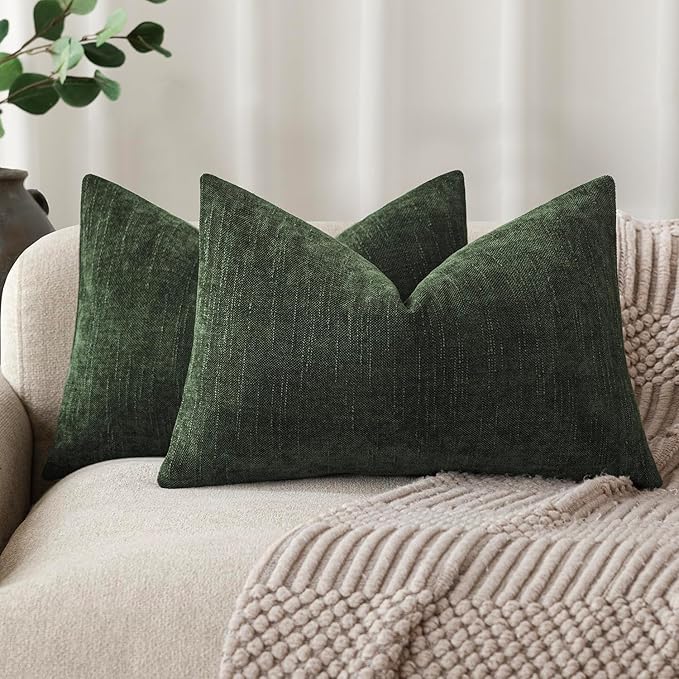 Foindtower Pack of 2 Textured Chenille Throw Decorative Pillow Covers Square Accent Solid Cushion Cover Neutral Farmhouse Lumbar Pillow Case for Couch Sofa Bedroom Living Room 12x20 Inch,Dark Green