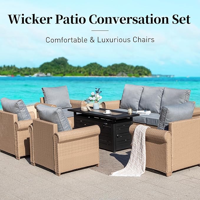 Patio Furniture Set 6 pcs, Wicker Rattan Outdoor Furniture with 5.5” Thick Cushions, 3-Seat Sofa, 4 Chairs and 56" Fire Pit Table, Outdoor Conversation Set for Garden Backyard Deck, 7 Seats Grey