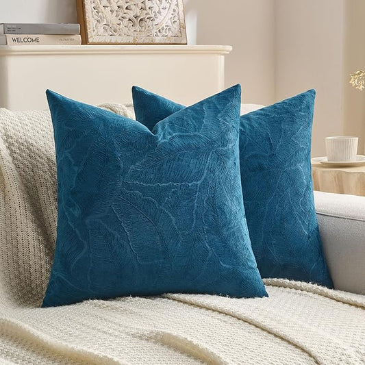 FUTEI Navy Blue Velvet Throw Pillow Covers 24x24 Inch Set of 2,Soft Embossed Leaf-Relief Textured European Cushion Cases,Natural Home Decor for Couch Living Room