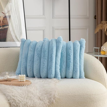 Neelvin Blue Faux Fur Cozy Soft Striped Decorative Throw Pillow Covers 22x22 inch Set of 2,Velvet Pillowcase Cushion Case for Sofa Couch
