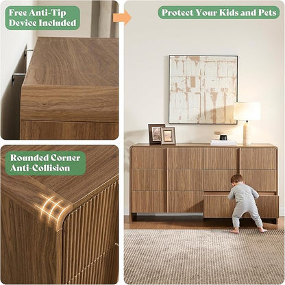 AMERLIFE 63" Fluted 6 Drawer Dresser, Wide Modern Chest of Storage Drawers with Pine Handles, Rounded Corners & Anti-Tip, Wood Drawer Organizer for Cloth, Bedroom, Living Room, Hallway, Dark Walnut