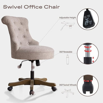 HUIMO Home Office Chair Upholstered Armless Linen Fabric Desk Chair with Wheels Adjustable Height Computer Desk Chair with Wooden Legs No Arms Swivel Chairs for Farmhouse Women Study Studio (Brown)