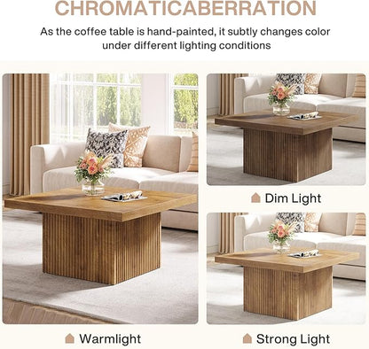 Tribesigns Square Coffee Table, 31.5-Inch Fluted Coffee Table, Mid-Century Modern Living Room Table, Large Cocktail Table for Living Room, Easy Assembly, Yellow