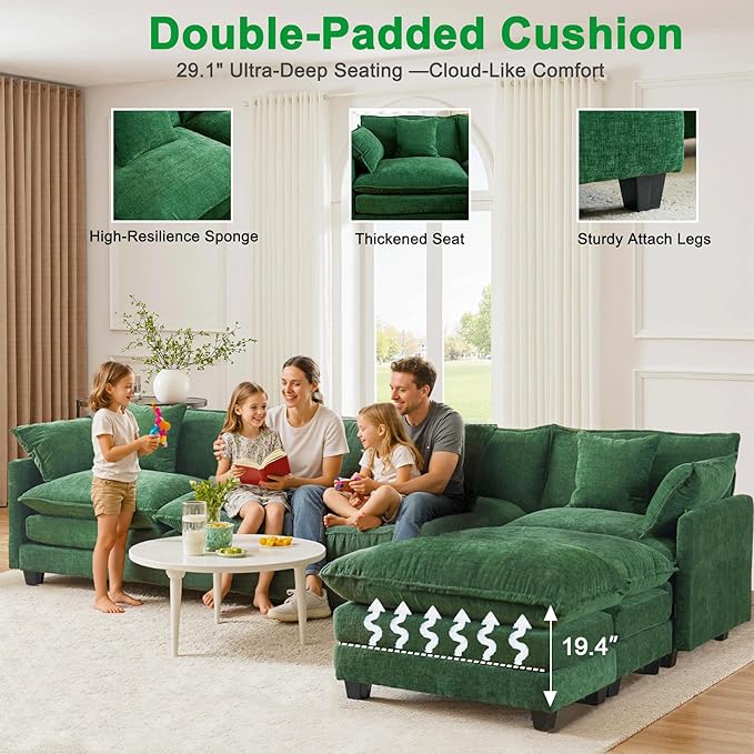 U-Shaped Cloud Chenille Sectional with 2 Ottomans, 146" Modular Sofa for Large Spaces, Ultimate Comfort with Deep Seats & Pillows, Solid Frame, 1YR Warranty