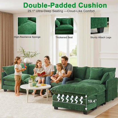 U-Shaped Cloud Chenille Sectional with 2 Ottomans, 146" Modular Sofa for Large Spaces, Ultimate Comfort with Deep Seats & Pillows, Solid Frame, 1YR Warranty