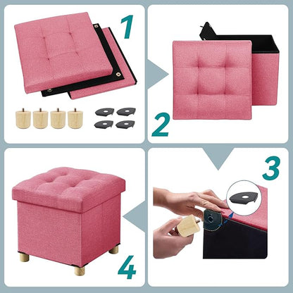BRIAN & DANY Ottoman with Storage, Small Storage Ottoman for Dorm, Linen Folding Ottoman Foot Stool with Legs for Living Room and Bedroom, 15"x15"x15" - Hot Pink