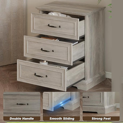 Farmhouse 3 Drawers Dresser for Bedroom, 24" Wide Modern Chest of Drawers with Deep Drawers & Bar Handles, Rustic Wood Nightstand, Wooden Closet Storage Organizer for Living Room, Hallway, Grey