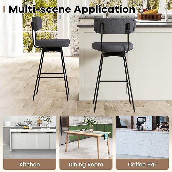 COSTWAY Bar Stools Set of 4, 29” Upholstered Bar Height Chairs with Back, 360° Swivel Dining Chairs with Heavy-Duty Metal Legs and Footrests, for Kitchen Island, Dining Room, Bar (4, Grey)