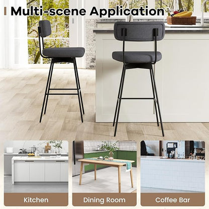 COSTWAY Bar Stools Set of 4, 29” Upholstered Bar Height Chairs with Back, 360° Swivel Dining Chairs with Heavy-Duty Metal Legs and Footrests, for Kitchen Island, Dining Room, Bar (4, Grey)