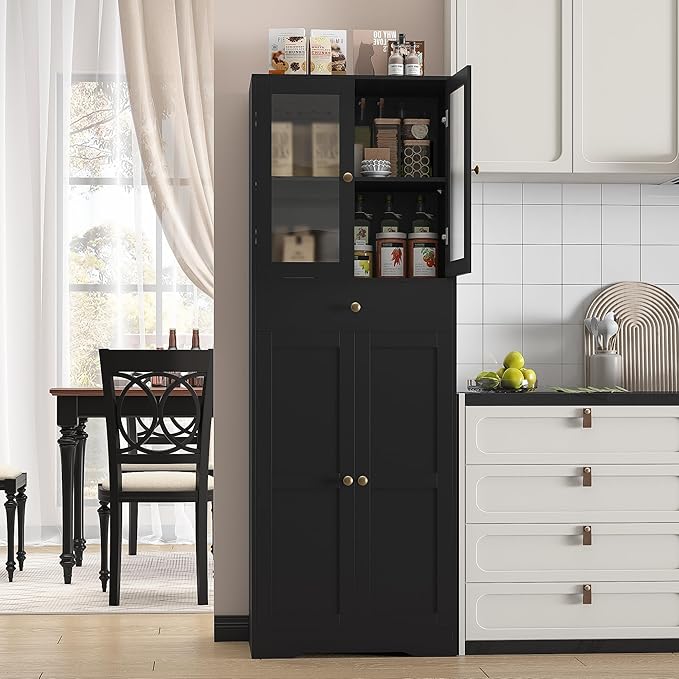 Space-Saving 67 Inch Bathroom Linen Cabinet,Freestanding Tall Storage Tower with Adjustable Shelves & Glass Doors for Bathroom, Kitchen, Hallway Organization (Black)