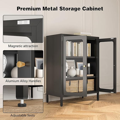 Small Display Cabinet with Glass Doors, 12" Shallow Metal Storage Cabinets Short Bookcase Cabinet with Two Door Two Shelves Metal Glass cabinets for Home Office Living Room
