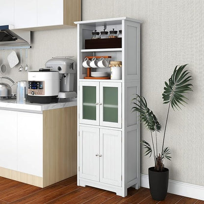LOKO Tall Bathroom Cabinet, Modern Storage Organizer with Doors & Open Shelves, Wooden Floor Cabinet with Adjustable Shelves for Bathroom, Living Room or Kitchen (White)
