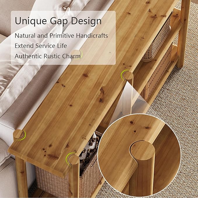 LITTLE TREE Solid Wood Console Table, 63-Inch Farmhouse Sofa Table Behind Couch, 3-Tier Entryway Table with Storage, for Living Room, Hallway in Warm Wood Color