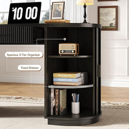 ONBRILL 58" Fluted Executive Desk with Storage, Home Office Desk with Drawers, Wood Computer Writing Desks with Charging Station for Study Living Room Bedroom Work Black