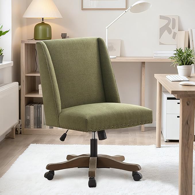 Upholstered Armless Office Chair with Wooden Legs, Modern Adjustable Home Office Desk Chair Computer Chair Swivel Chair for Home Office Study Studio (Green)