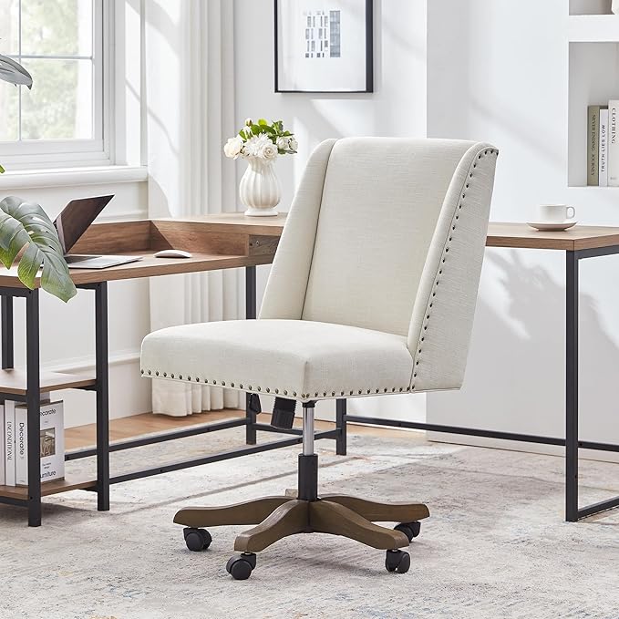 Armless Upholstered Office Chair with Wooden Legs, Modern Criss Cross Adjustable Home Office Desk Chair No Arms Sewing Chair Swivel Chair for Women Farmhouse Study Studio (Beige)