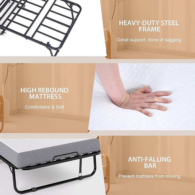 Folding Bed with Memory Foam Mattress, Portable Rollaway Guest Beds on Wheels, 75"x38" Twin Size Space-Saving Cot-Size Bed for Adults with Easy Assembly Metal Frame (White)