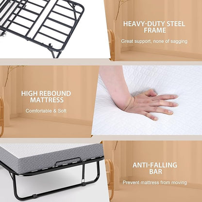 Folding Bed with Memory Foam Mattress, Portable Rollaway Guest Beds on Wheels, 75"x38" Twin Size Space-Saving Cot-Size Bed for Adults with Easy Assembly Metal Frame (White)