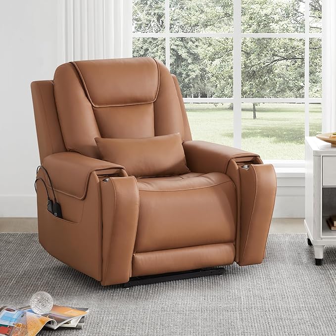 CHITA Electric Power Lift Recliner Chair for Elderly with Massage and Heat, Large Lay Flat Genuine Leather Recliner Chair with Cup Holders, USB Ports, Power Headrest, Independent Backrest, Saddle