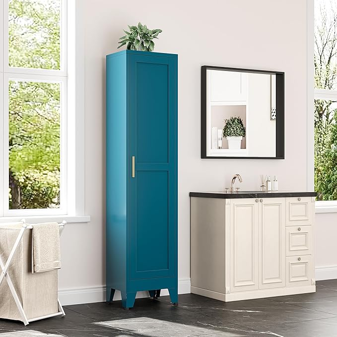 Tall Bathroom Storage Cabinet, 67" Narrow Metal Cabinets with One Door, Freestanding Tall Linen Cabinet, Skinny Metal Storage Locker for Home Office, Living Room