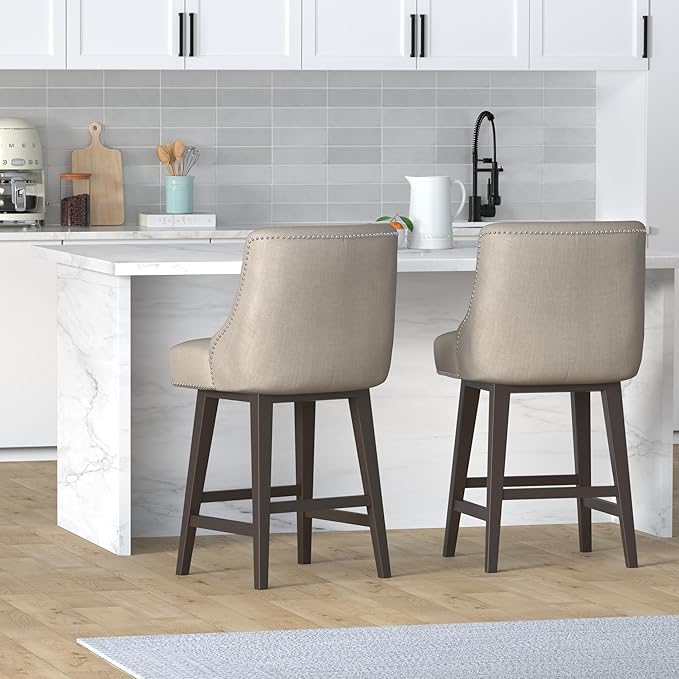 CHITA Counter Height Swivel Bar Stools Set of 2, FSC Certified Upholstered Counter Stools, Modern Swivel Barstools with Wood Legs for Kitchen Island, 26" Seat Height, Fabric in Tan