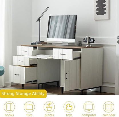 55" Executive Desk, Modern Wood Office Table with Charging Station, 5 File Drawer & 1 Storage Cabinet, Home Computer Writing Desk for Work Study, Living Room, Bedroom (White)