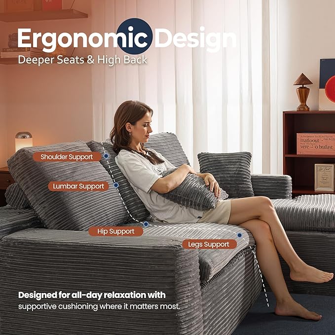 106" Oversized Couch Sofa, L Shape Couches for Living Room, No Assembly Required Corduroy Sectional Sofas with Right Facing Chaise for Home Apartment