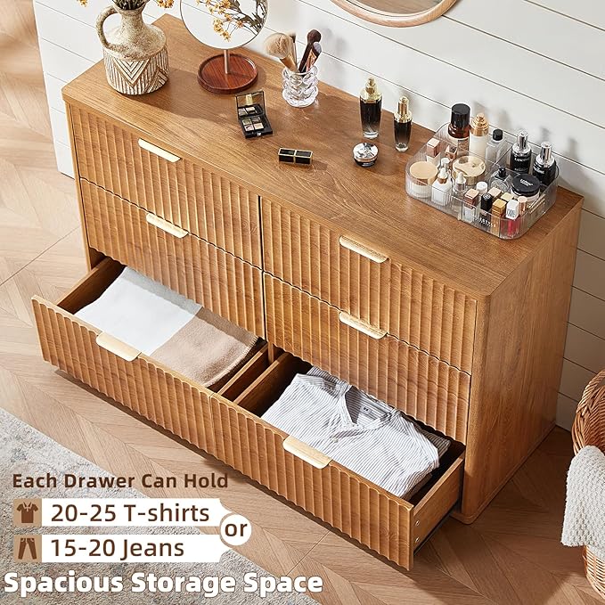 LEYAOYAO Fluted 6 Drawers Dresser, 48" Wide Modern Chest of Drawers with Woodgrain Top, Curved Profile Design, Dresser TV Stand, Wood Drawer Organizer for Bedroom, Living Room, Hallway,Brown