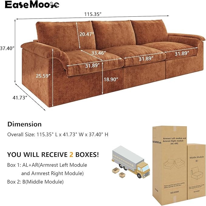 EASE MOOSE Oversized Boneless Couch for Living Room, Sectional Cloud Sofa, Modular Cloud Couch, 3-Seater Deep Seat Sofas with Pillow for Bedroom, Apartment, No Assembly Required, Chenille (Brown)