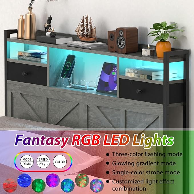 Queen Size Headboard with Drawers, Outlets & USB Ports,Sturdy Wood Bed Frame with Adjustable Height, Built-in LED Lighting (Grey, Queen 59 * 7.08 * 45.7)