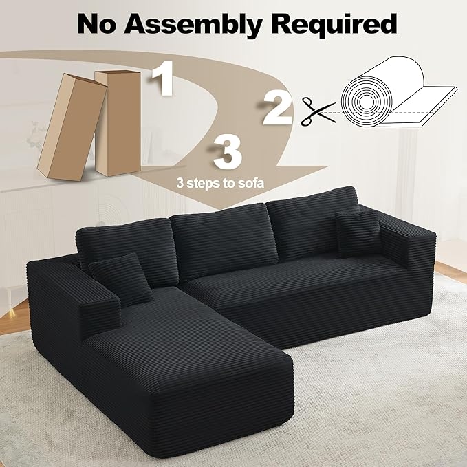 106" Cloud Modular Sectional Sofa Couch with L-Shape Chaise,Modern Boneless Sectional Couch with Deep Seat,Upholstered Couches for Living Room Bedroom,No Assembly Required,Black