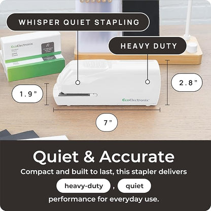 EcoElectronix Portable Automatic Electric Stapler Pro - 30 Sheet Capacity, Quiet Operation, Jam-Free and Easy Reload - AC Adapter/Battery Powered, (White)
