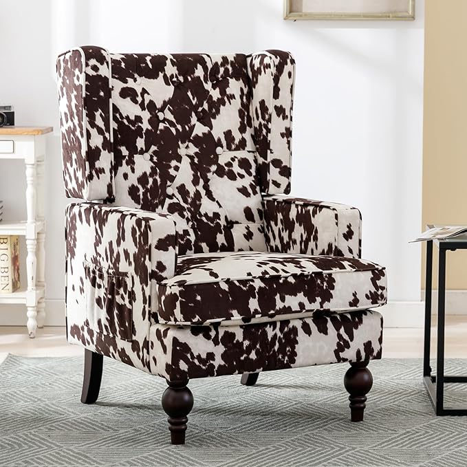 DUOMAY Tufted Accent Chair Set of 2, Modern Upholstered Wingback Side Arm Chair for Living Room Bedroom with Wood Legs, Comfy Reading Guest Chair for Office, Milk Cow/Brown
