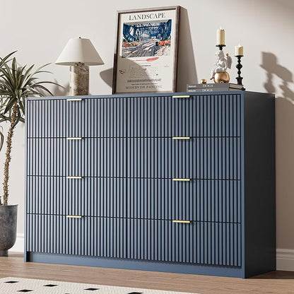 Navy Dresser for Bedroom, 8 Drawer Double Dresser, Modern Chest of Drawers for Bedroom, Living Room, Entryway and Closet, 55" L x 15.7" D x 37.4" H
