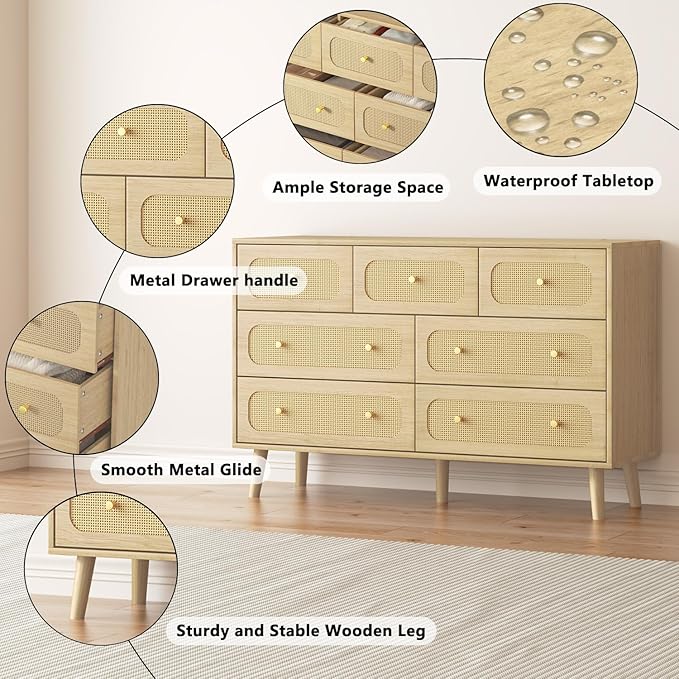 Rattan Dresser for Bedroom, 7 Drawer Rattan Dresser with Gold Handles, Boho Wood Dressers & Chest of Drawers for Bedroom