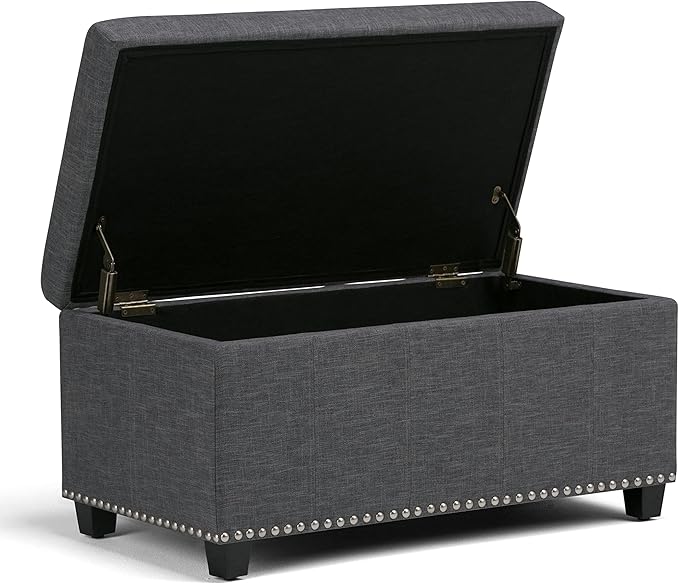 SIMPLIHOME Amelia 33 inch Wide Transitional Rectangle Storage Ottoman Bench in Slate Grey Linen Look Fabric, Assembled, For the Living Room, Entryway and Family Room
